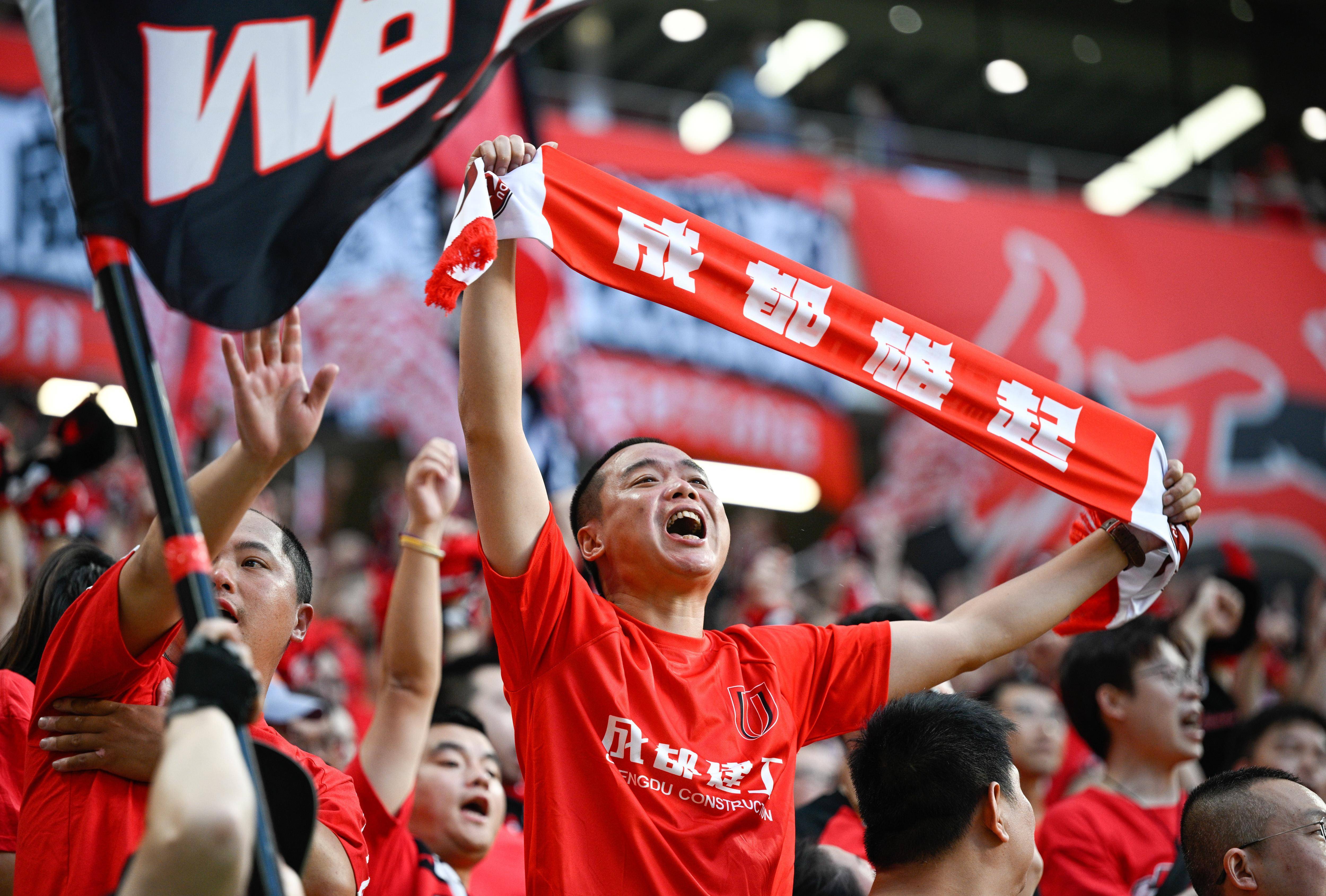 足球比赛现场球迷热情高涨，奉献激情助威的简单介绍